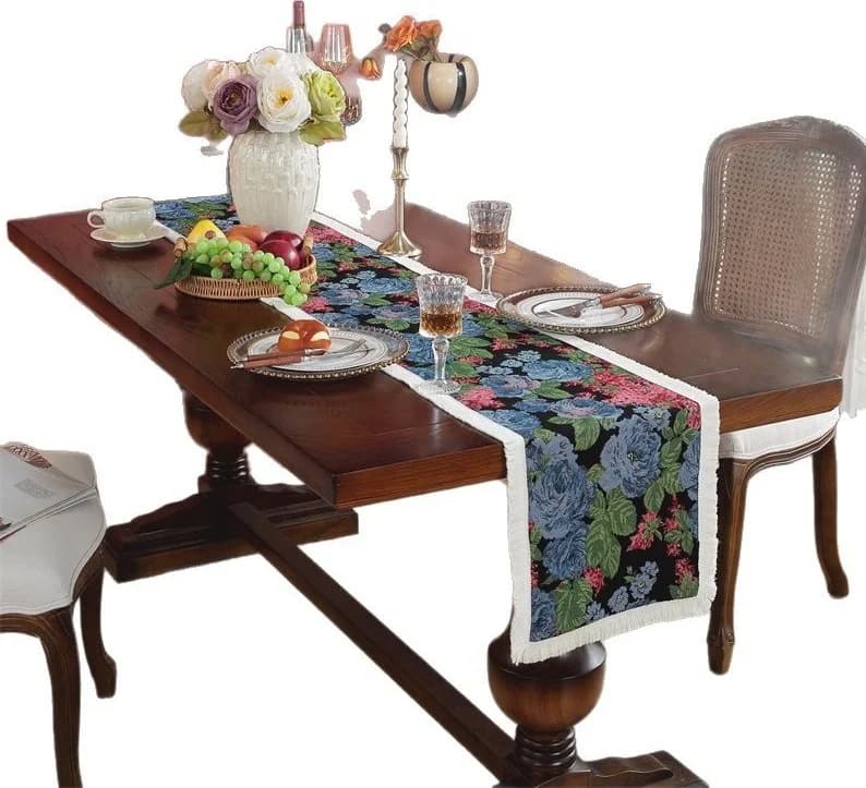 Feșă de masă din amestec de bumbac și in, stil pictură în ulei, pentru decor dining