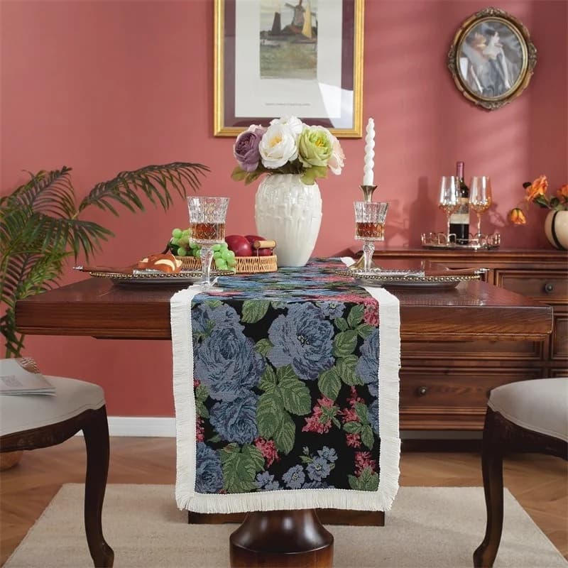 Feșă de masă din amestec de bumbac și in, stil pictură în ulei, pentru decor dining