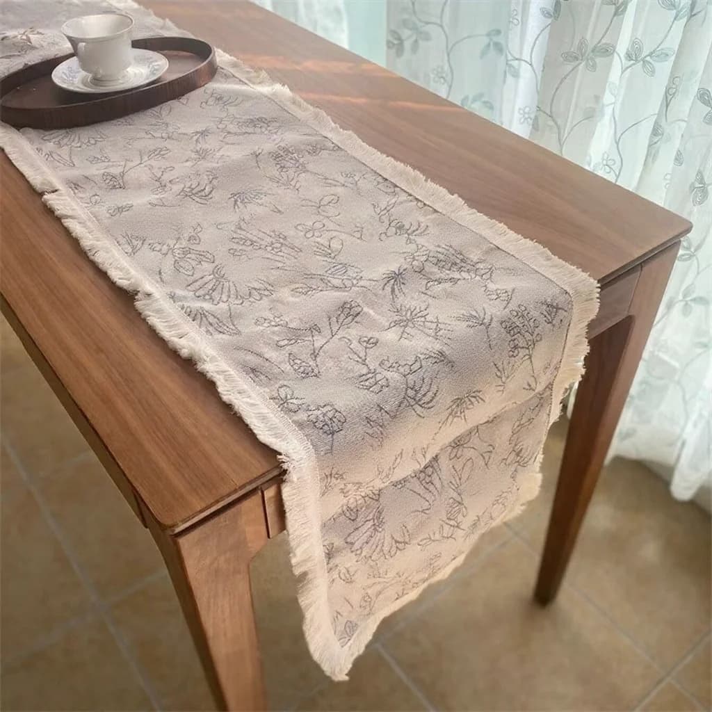 Feșă de masă din bumbac și in, stil country american, cu model floral și ciucuri