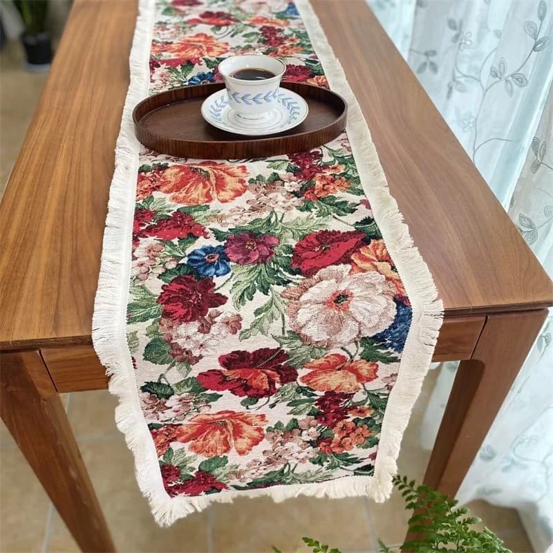 Feșă de masă vintage europeană din bumbac și in, cu model floral