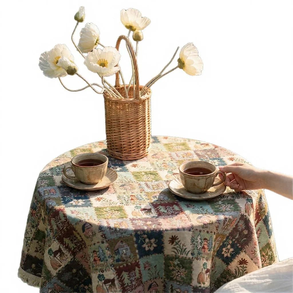 Feță de masă jacard rustică în stil country cu decor floral tip pictură în ulei