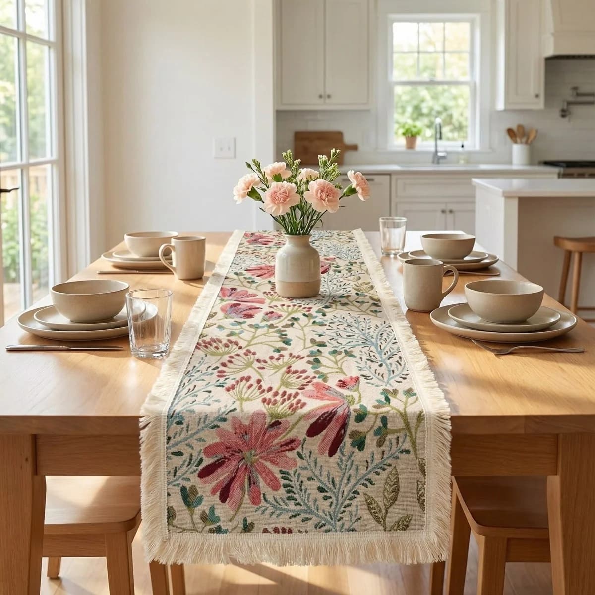 Feșă de masă jacard din amestec de bumbac, model floral pentru decor dining