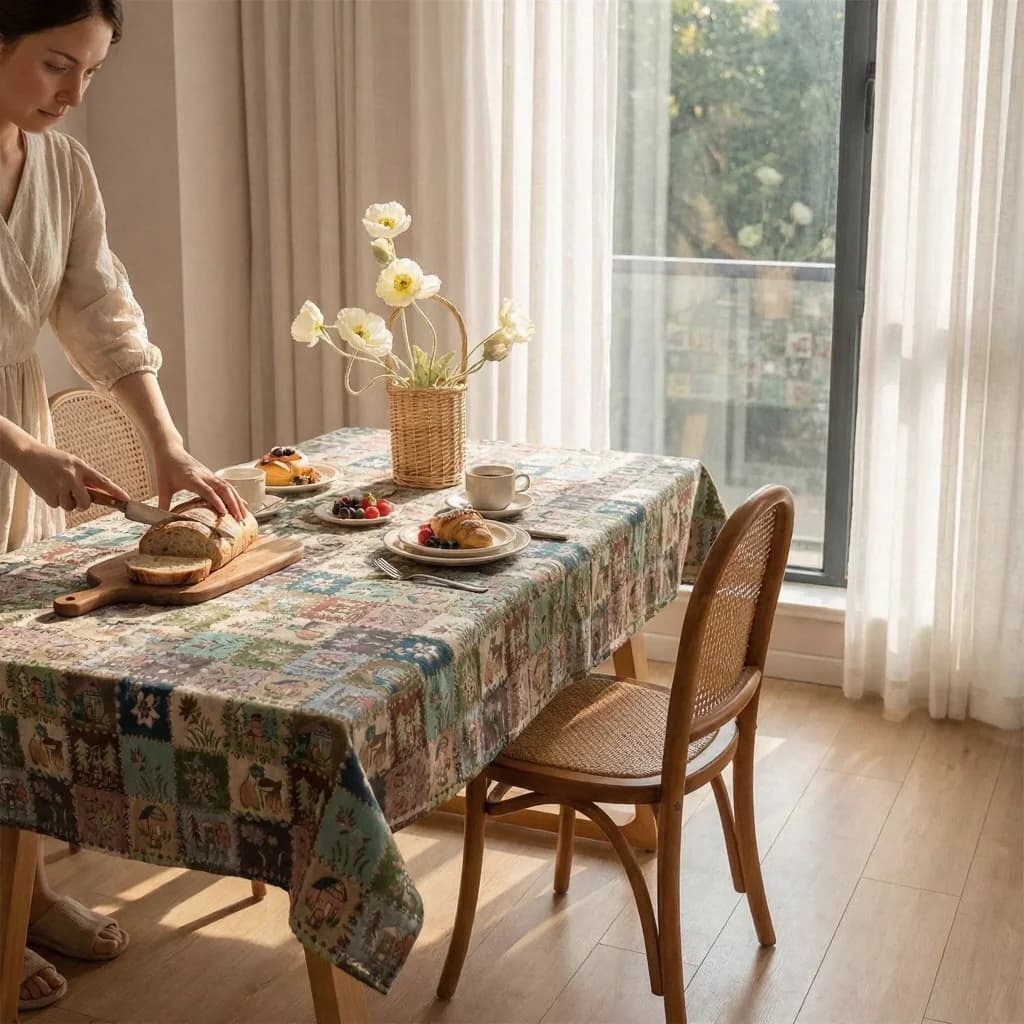 Feșă de masă jacard, stil country american, cu design pictură în ulei floral