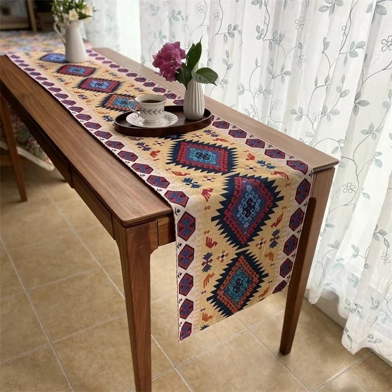 Feșă de masă geometrică din bumbac și in pentru dining și fotografie