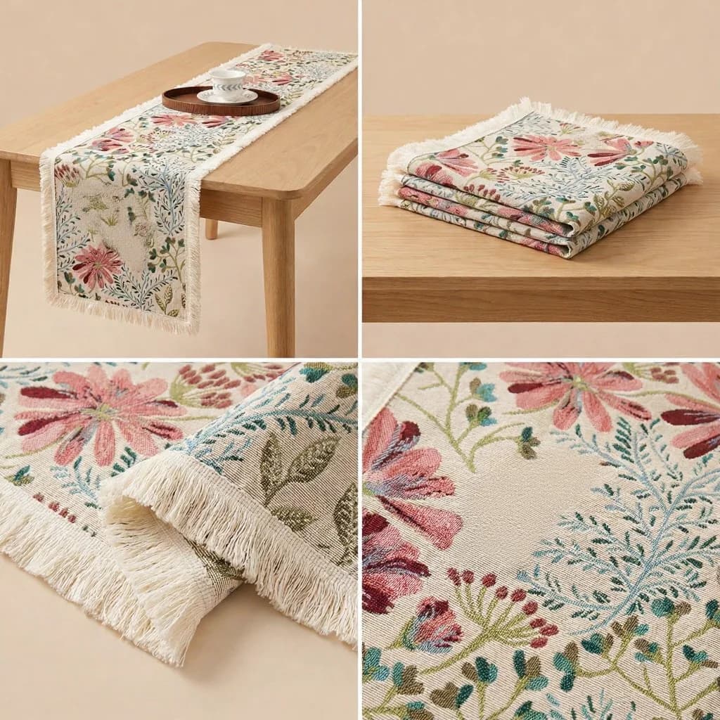 Feșă de masă jacard din amestec de bumbac, model floral pentru decor dining