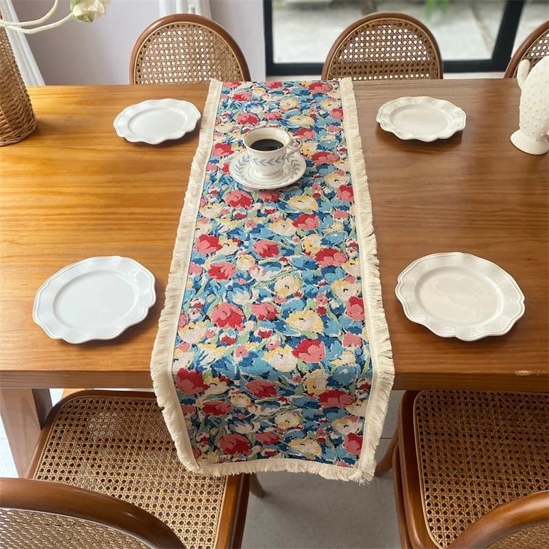 Feță de masă Jacquard din amestec de bumbac și in, design floral nordic
