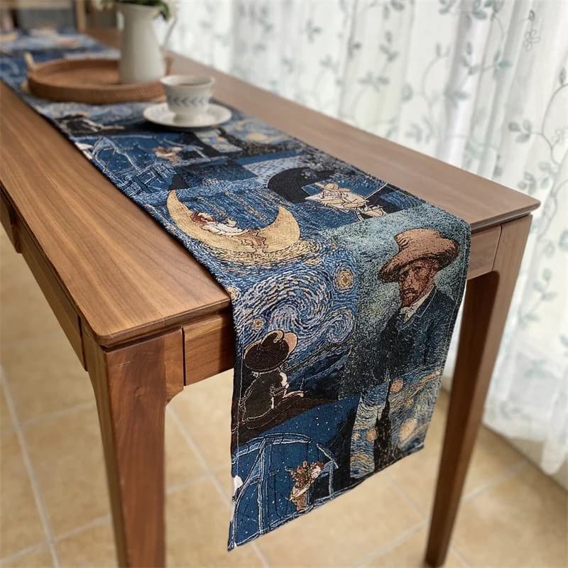 Față de masă în stil Van Gogh din amestec de bumbac și in pentru decor