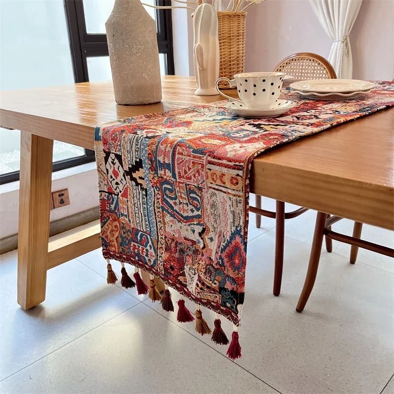 Feșă de masă stil etnic boem, decor abstract geometric, amestec bumbac