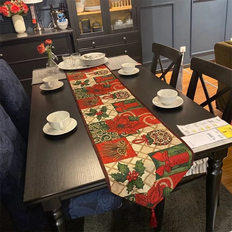 Față de masă de Crăciun din amestec de bumbac, decor floral roșu