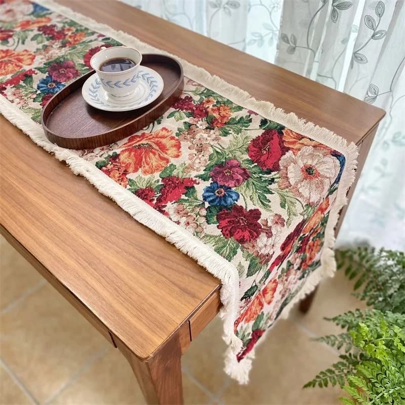 Feșă de Masă din Amestec de Bumbac și In cu Model Floral
