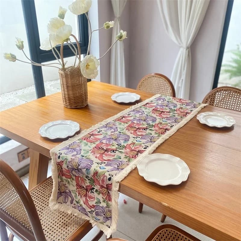 Față de masă jacard floral, stil country american, decor pentru sufragerie