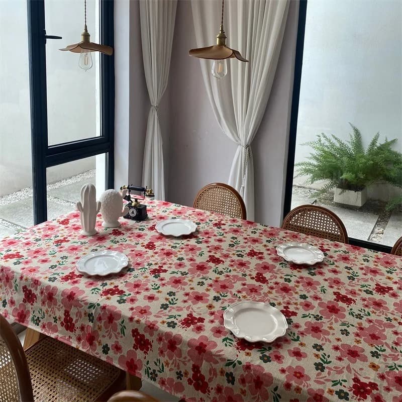 Feță de masă dreptunghiulară jacard, florală roz, amestec bumbac