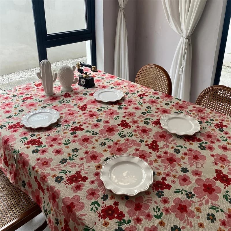 Feță de masă dreptunghiulară jacard, florală roz, amestec bumbac