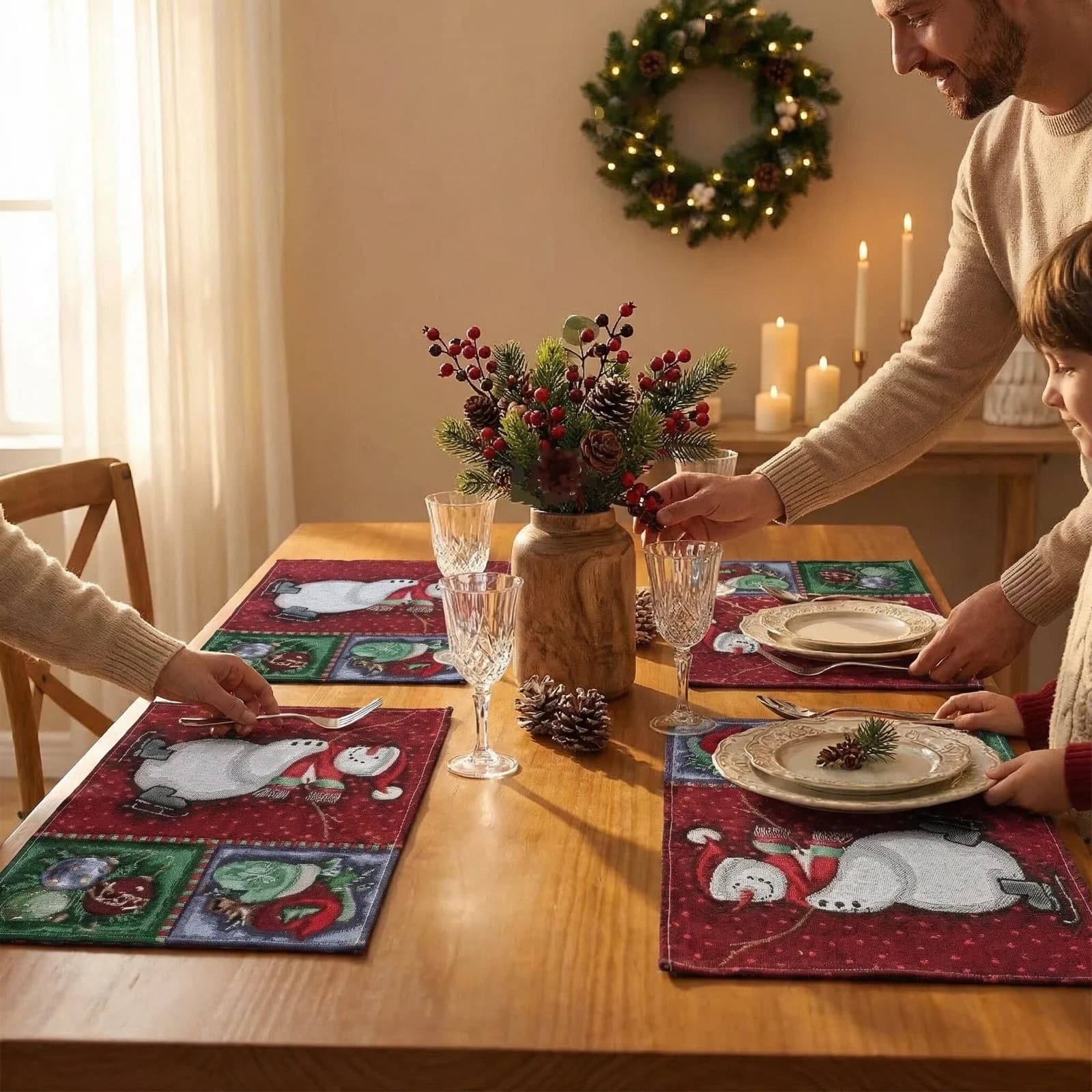 Față de masă de Crăciun din amestec de bumbac și in, decor de sărbători pentru dining