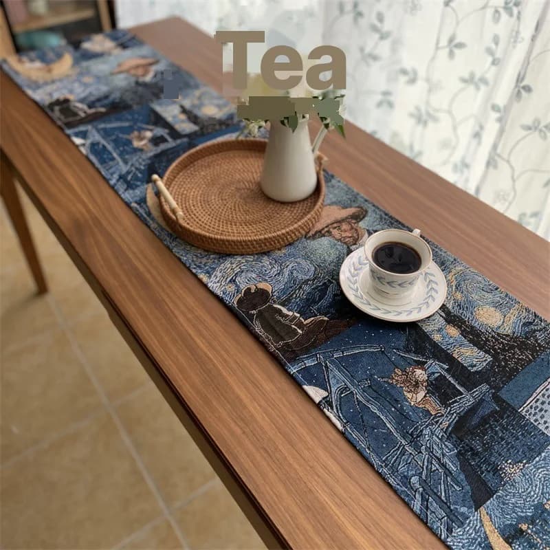 Față de masă în stil Van Gogh din amestec de bumbac și in pentru decor