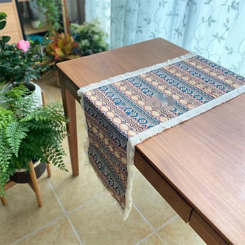 Față de masă decorativă boemiană, model geometric, amestec bumbac-in