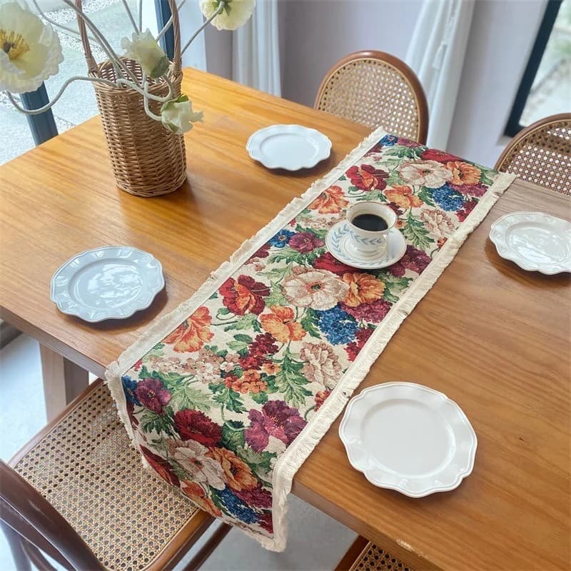 Feșă de masă stil country american, amestec bumbac-in, model floral