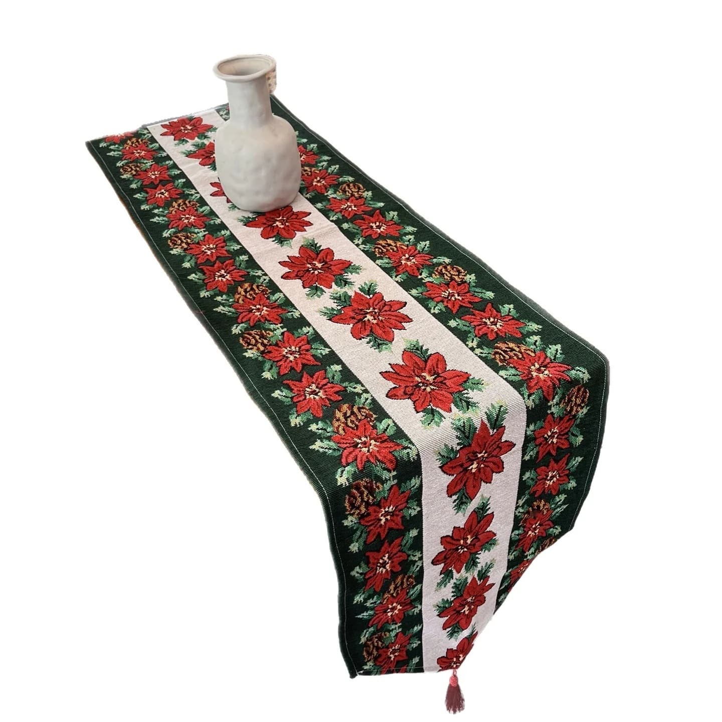 Față de masă de Crăciun cu flori roșii, decor festiv pentru sufragerie și dulap TV