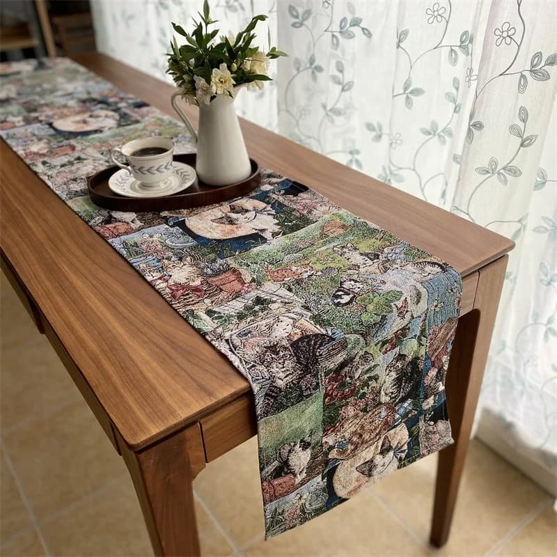 Feță de masă bumbac și in, imprimeu floral cu pisici, decor casnic