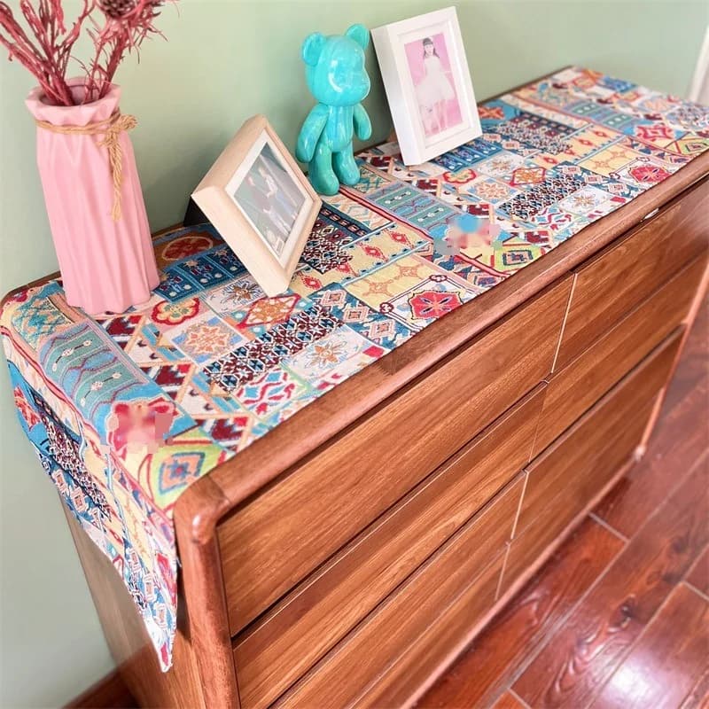 Feșă de masă boemiană retro, pânză decorativă cu flori