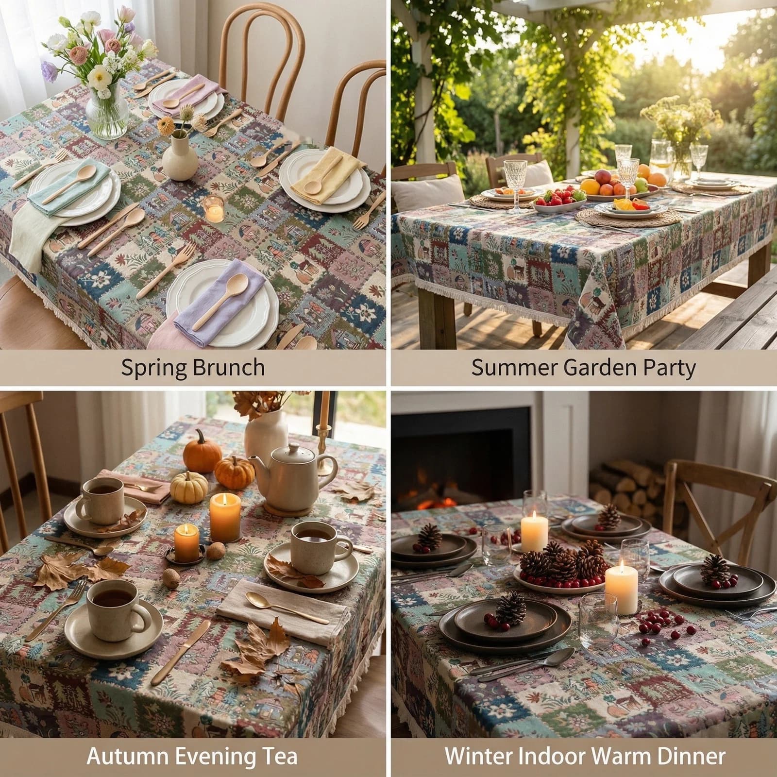 Feță de masă jacard rustică în stil country cu decor floral tip pictură în ulei