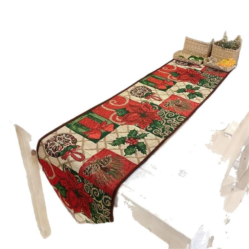 Față de masă de Crăciun din amestec de bumbac, decor floral roșu
