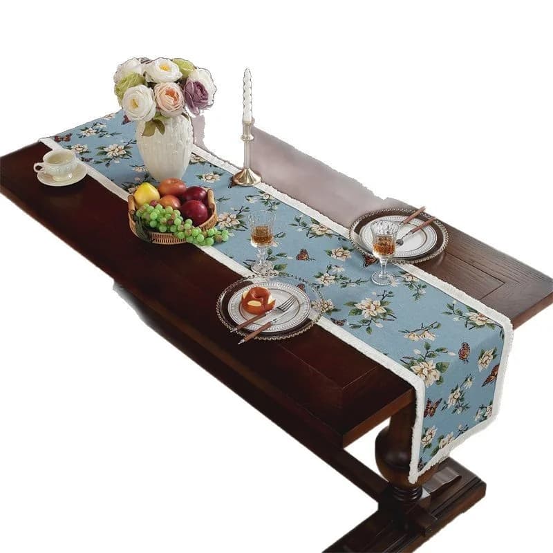 Feșă de masă din bumbac și in, stil country american, cu model floral și ciucuri