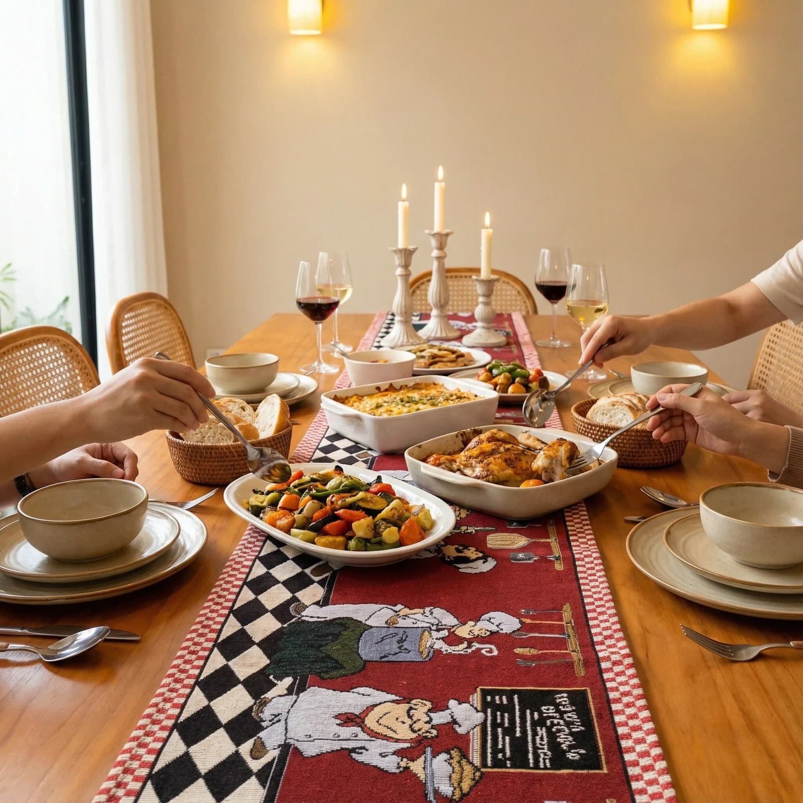 Față de masă de Crăciun, decor festiv pentru masa de dining și comodă